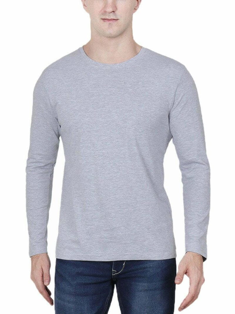 Men's Grey Melange Full Sleeve Round Neck Plain T-Shirt