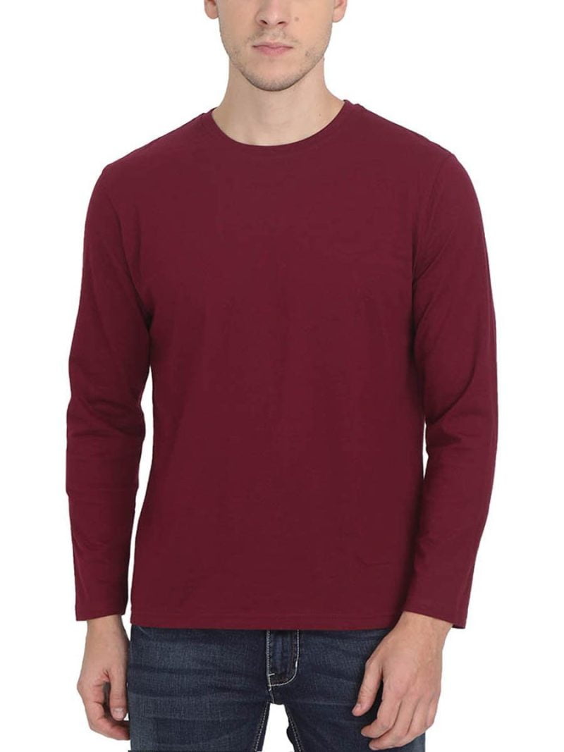 Men's Maroon Full Sleeve Round Neck Plain T-Shirt