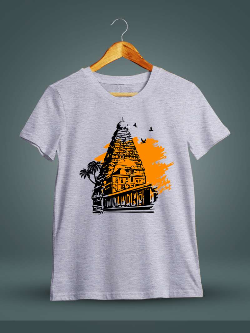 Thanjavur Temple Periya Kovil Grey Melange T-Shirt